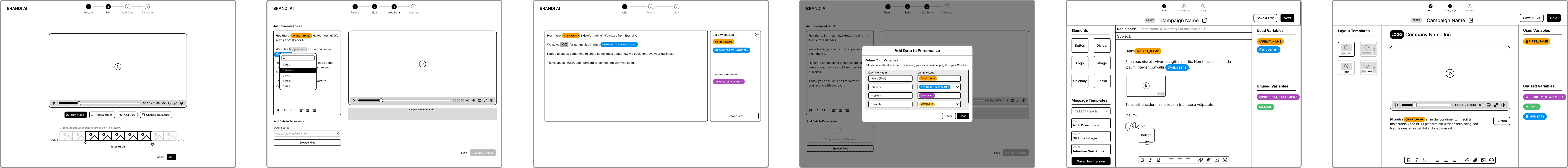 An image of low-fidelity wireframes showing video editing, variable mapping, and email template screens.